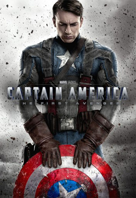 Captain America: The First Avenger poster with Captain America holding his shield and bowing his head.